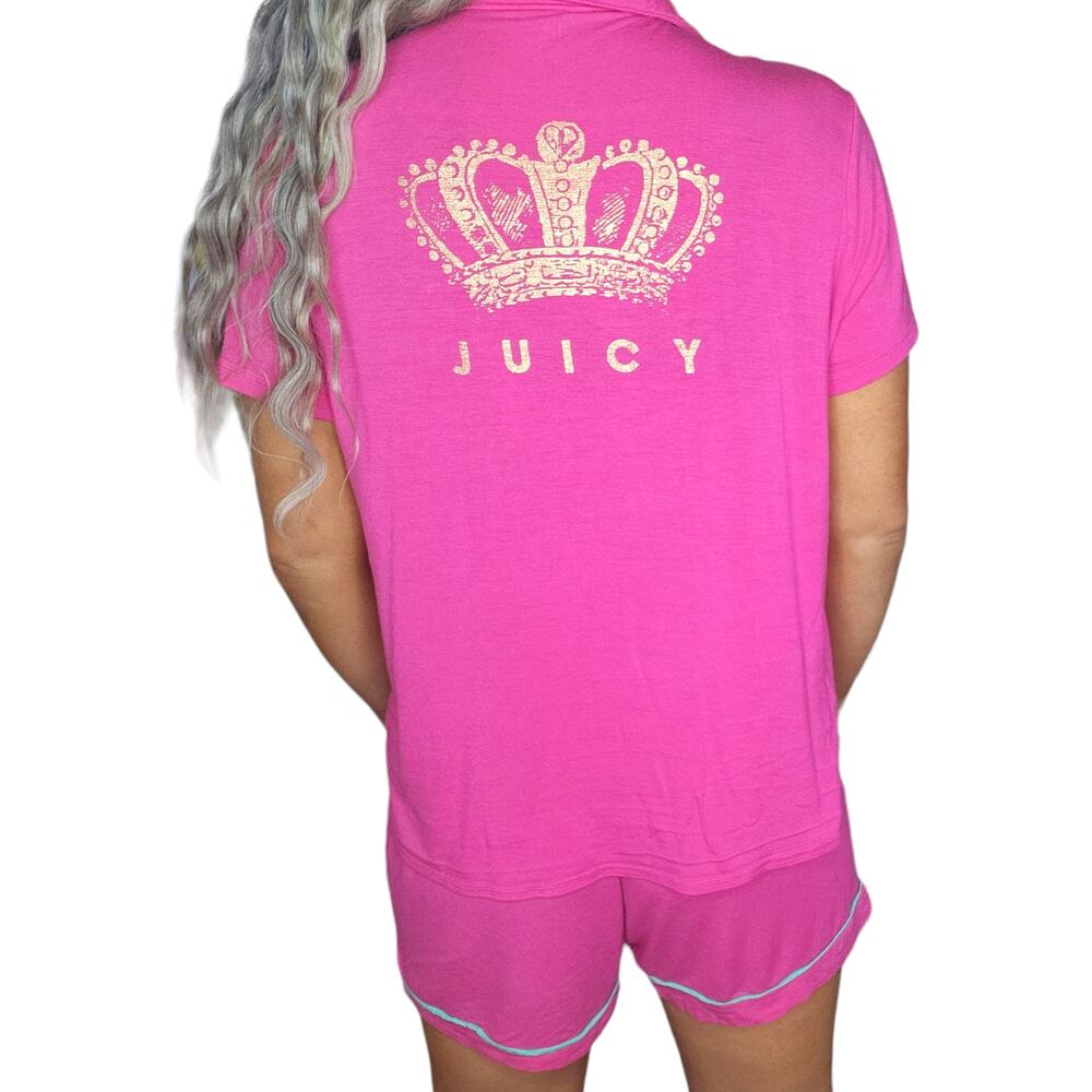 Juicy Couture Pajama Set Womens Medium Pink Gold Crown Queen Button Up Shorts